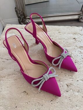 Zara Fuchsia Pointed Slingback Heels with Crystal Bow